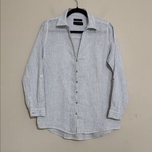 Tahari women linen Casual Button-Down Shirt L white blue striped casual vacation